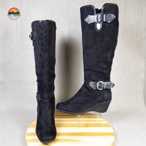 Aerosoles Wonderful Black FABRIC 2.5" Wedge Tall Riding Boots Women's Size 8.5